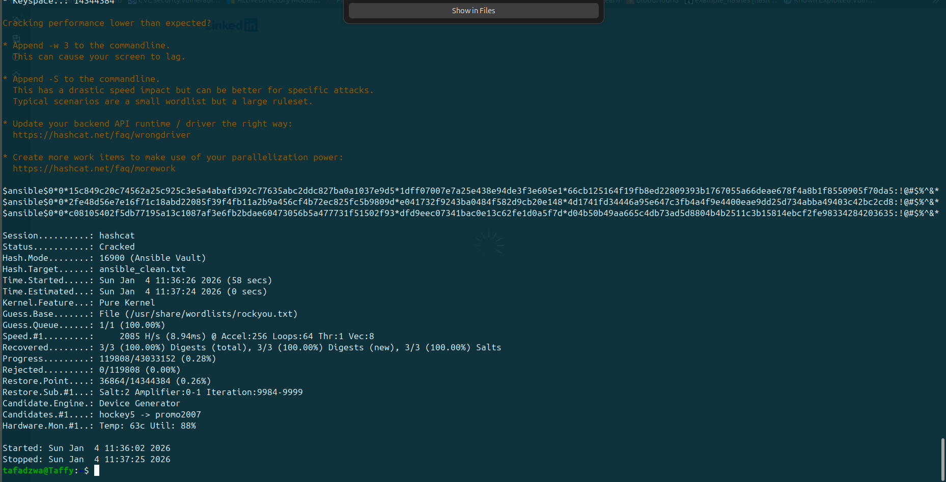 Hashcat cracks the vault — status Cracked