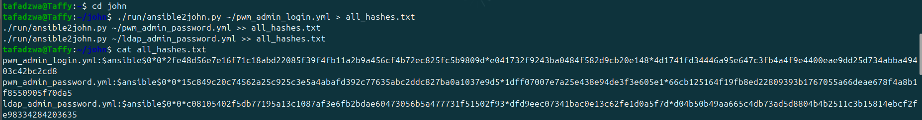 ansible2john output — three vault hashes ready for cracking
