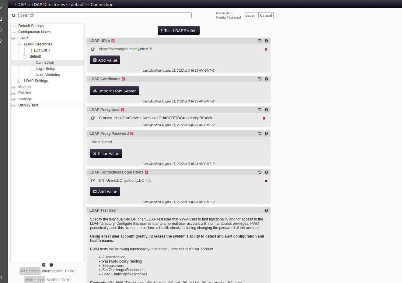 PWM LDAP configuration page — current LDAP URL ldaps://authority.authority.htb:636