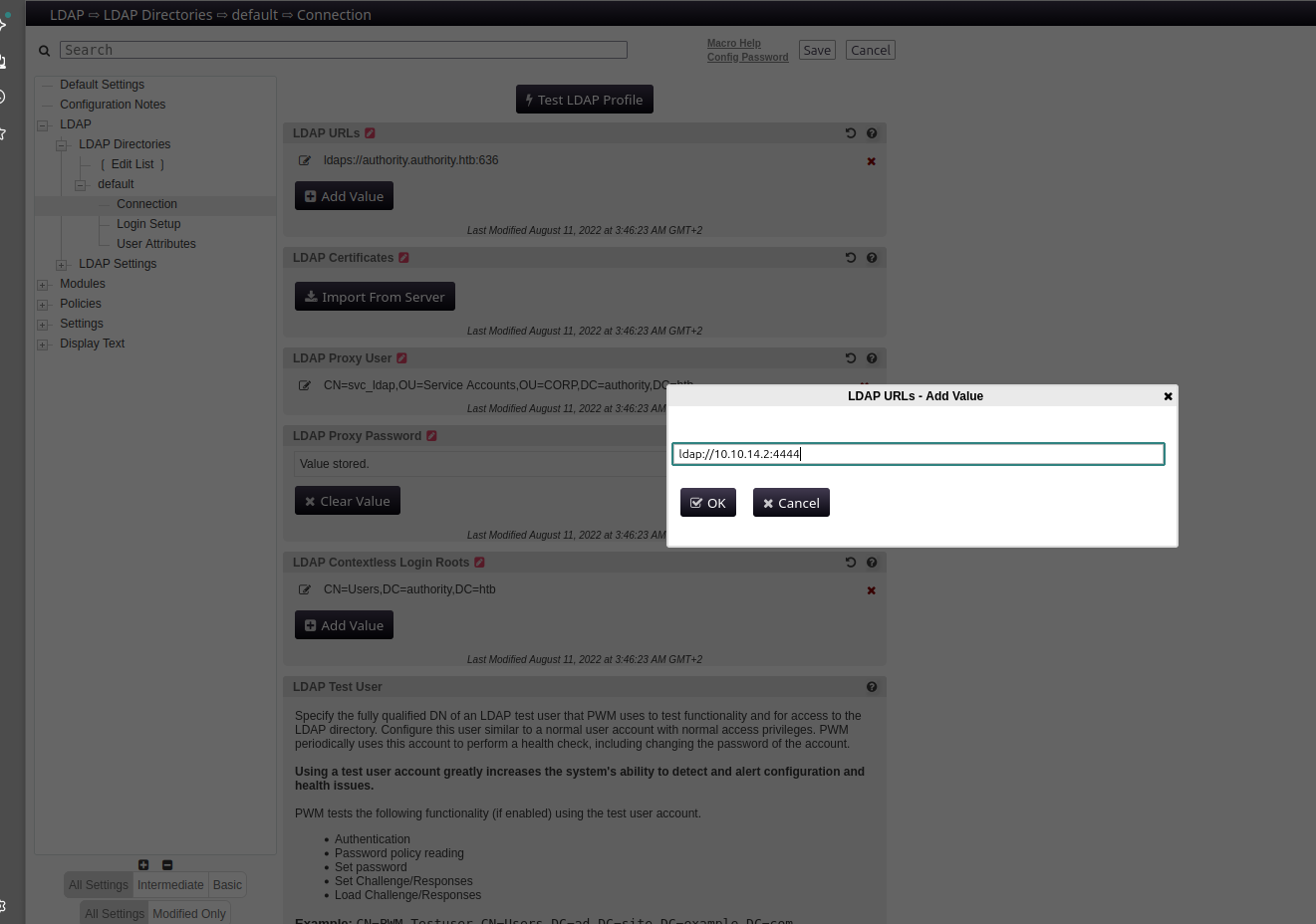 LDAP URLs Add Value dialog with ldap://10.10.14.2:4444