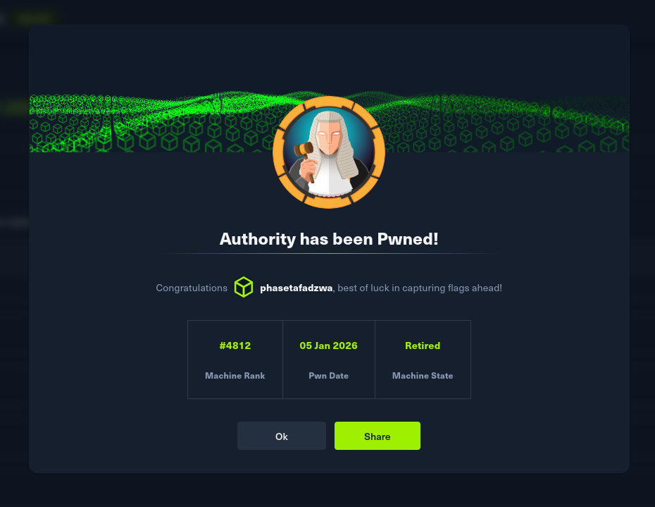 Authority pwn modal — phasetafadzwa, 05 Jan 2026, Machine Rank #4812, Retired