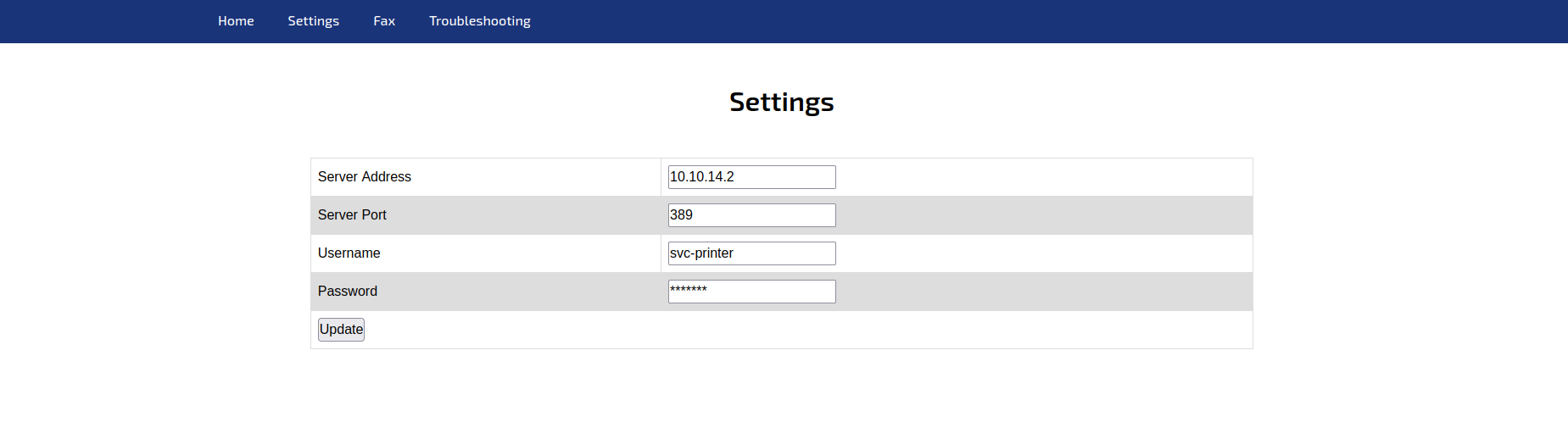 Printer Settings page — Server Address, Server Port, Username, Password fields