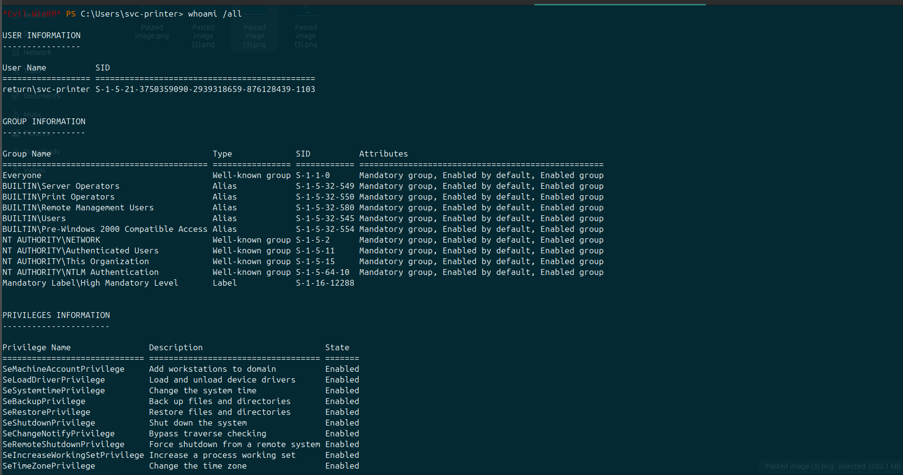 whoami /all — svc-printer is in Server Operators + Print Operators + Remote Management Users