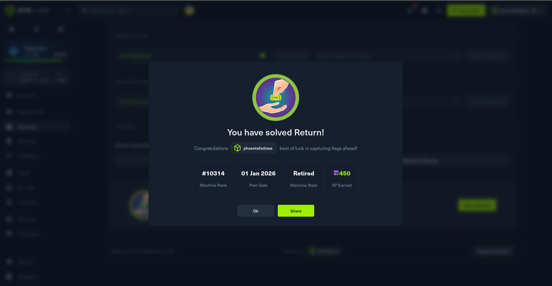 Return has been Pwned — phasetafadzwa · 01 Jan 2026 · Machine Rank #10307 · Retired