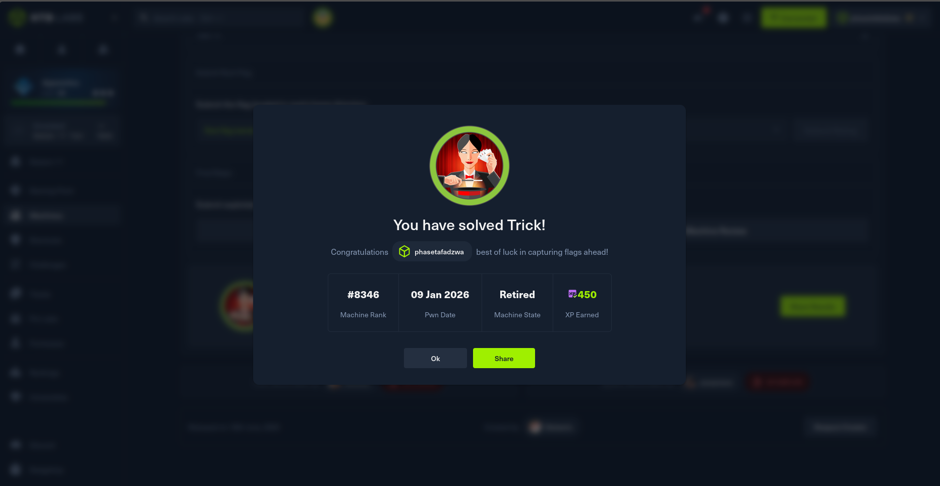 Trick pwn modal — phasetafadzwa · 09 Jan 2026 · Machine Rank #8346 · 450 XP
